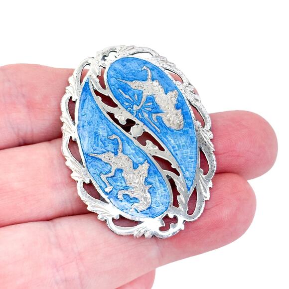 Vintage Siam Sterling Silver 925 Blue Guilloché Enamel Dancer Brooch Pendant - Picture 1 of 6